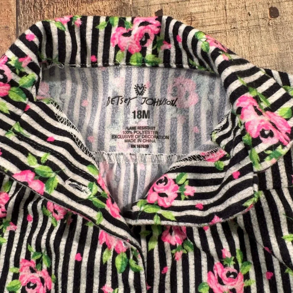 Betsey Johnson 18M Floral Striped Pajama Set Pink Black White Rose Girls